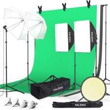 RALENO Photography Lighting Kit, 8.5 x 10 ft Backdrop Stands with Green Screen, Softbox and Umbrella with 5500 K, 97CRI, LED Bulbs, 3 Color Backdrops for Photo Studio Equipment, Portrait Product Shoot